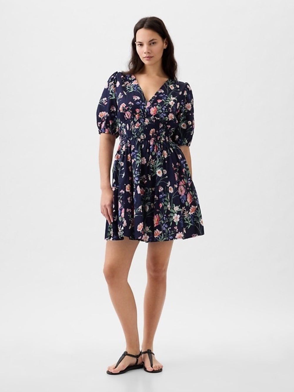 GAP Navy Floral V-Neck Puff Sleeve Mini Dress